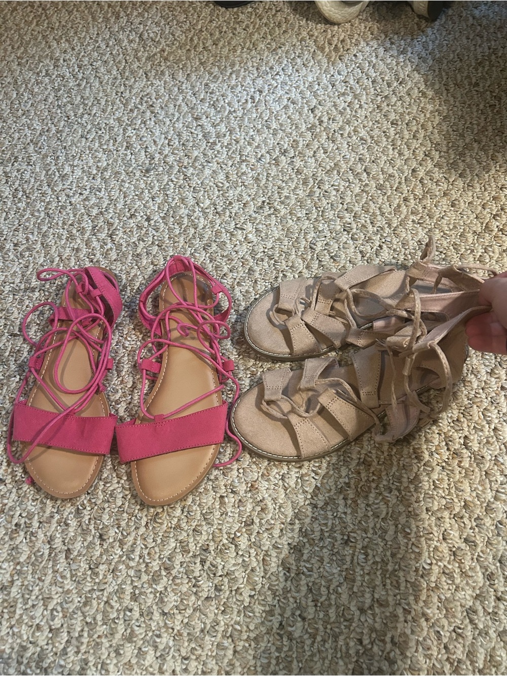 Pink Lace-Up Flat Sandals and Beige/Light Brown Sandals